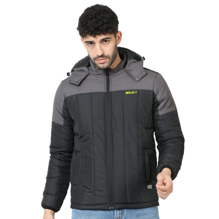 Boldfit Men's Quilted Polyester Standard Length Jacket Monsoon Winter Wear Hooded Winter Padded Bomber Full Sleeve Jacket Black Grey XL