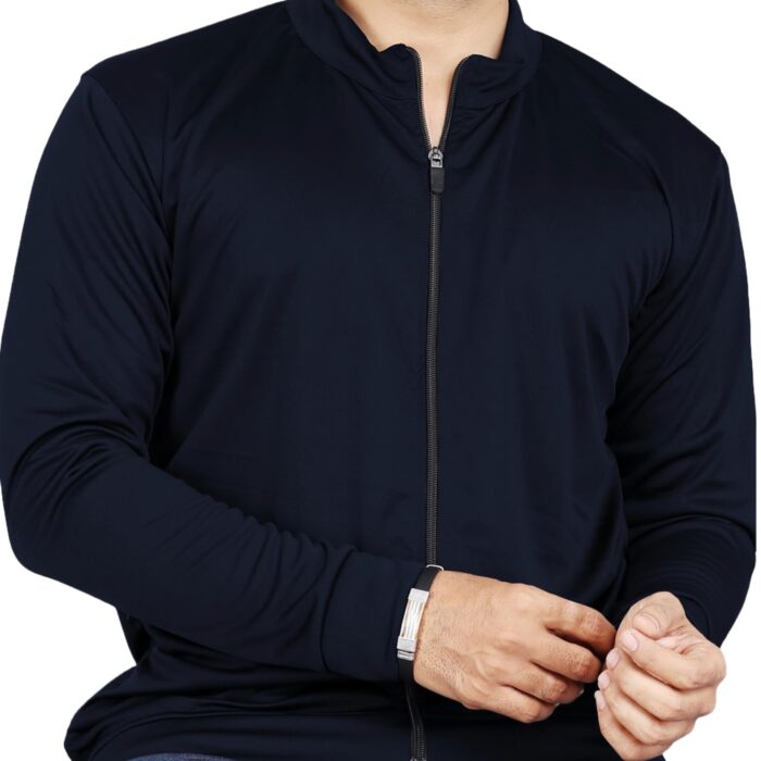 FIBREZA Men Solid Lycra Sports Jacket Long Sleeves Full Zip with Pocket Gym, Running & Travel Upper Wear (IN, Alpha, XL, Regular, Navy Blue)
