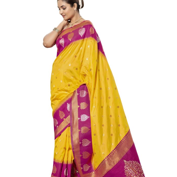 MANOHARI Women's Most Trendy Banarasi Soft Silk Woven Yellow and Pink Saree With Heavy Jacquard Work Saree With Pink Blouse Piece_MN2007